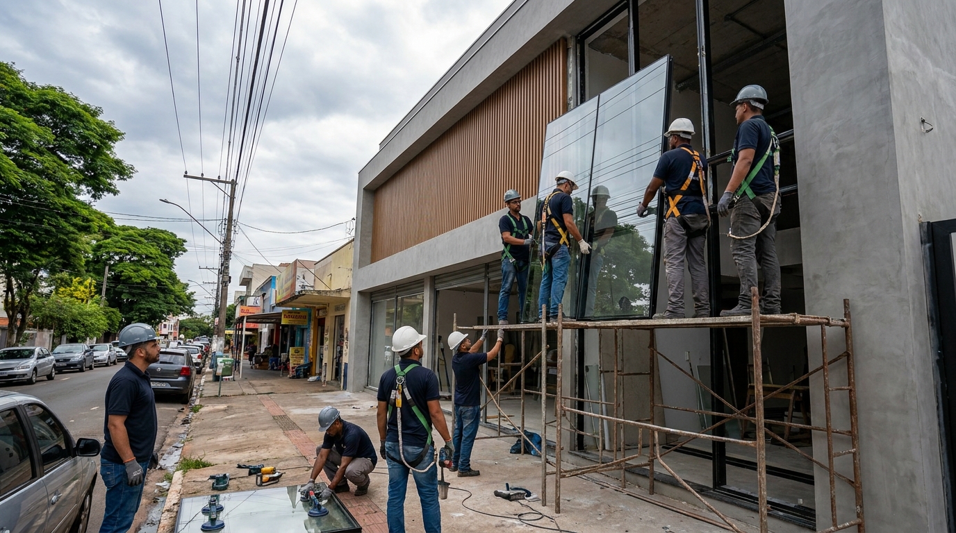 Fachada de vidro com andaime lateral em Cotia-SP