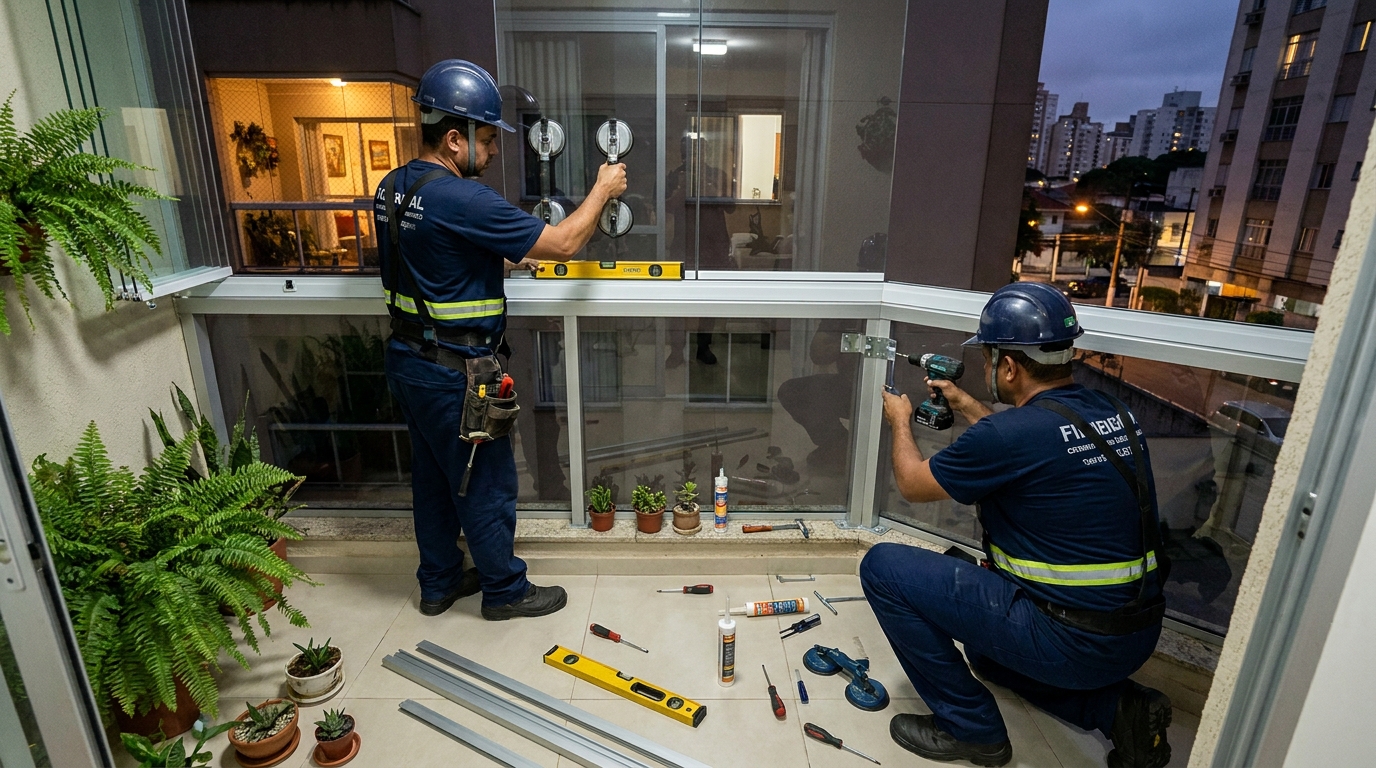 Instalação noturna de parede de vidro em Cotia-SP