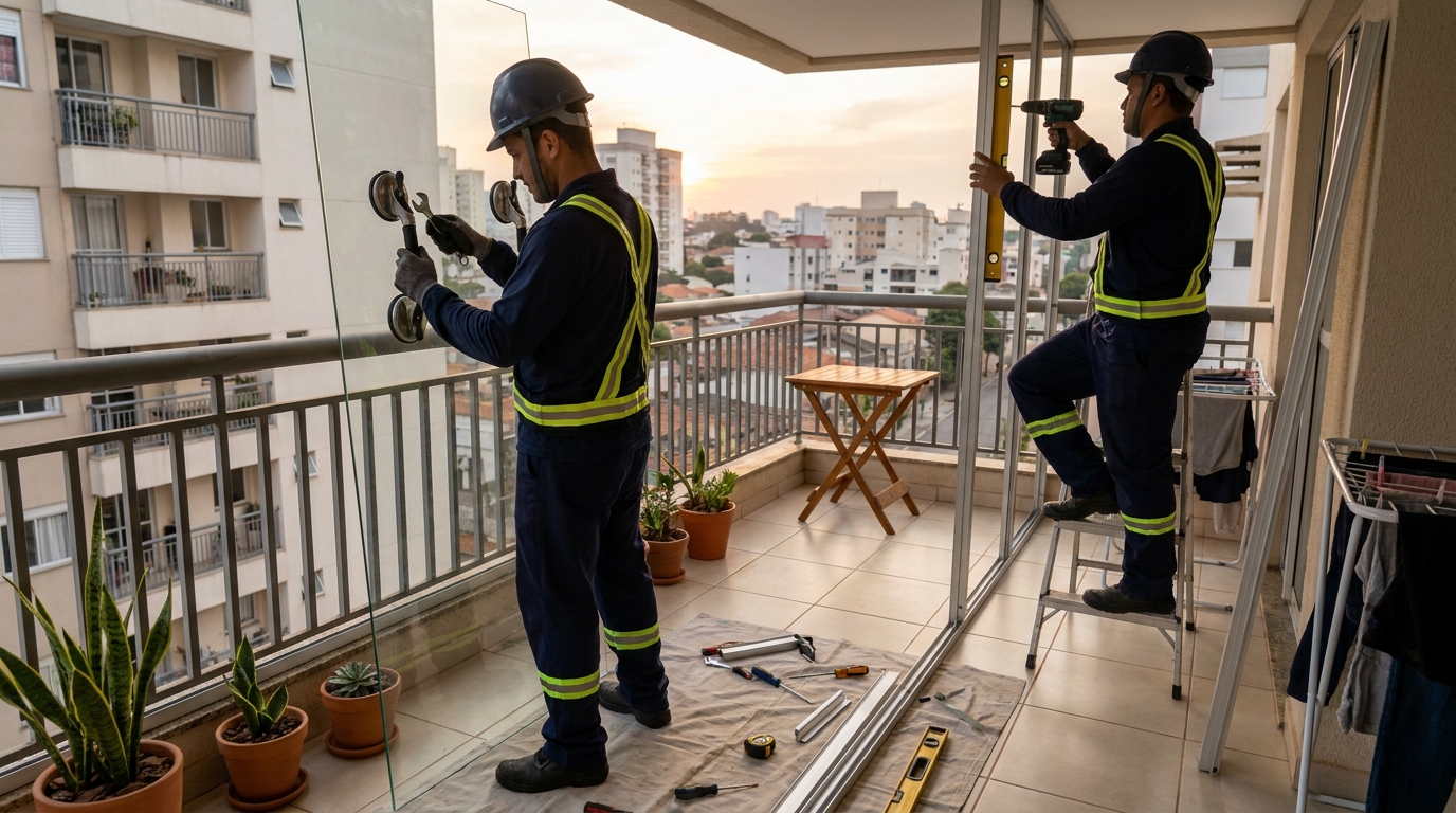 Instalação de parede de vidro em sacada em Cotia-SP