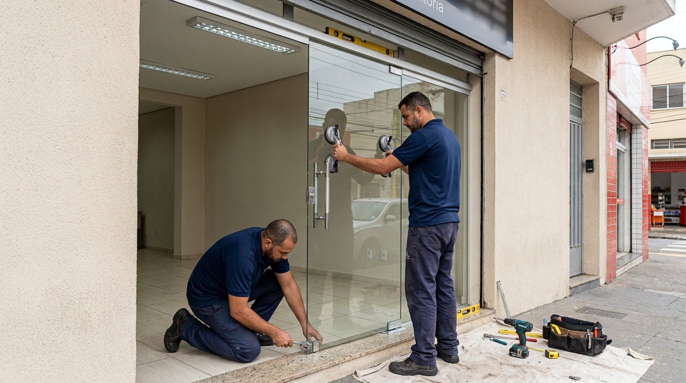 Porta de vidro com puxador inox em Cotia-SP